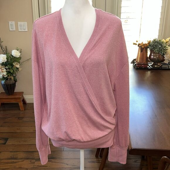 Anthropologie XL Faux Wrap Sweater Long Sleeve Blouson Cozy Dusted Pink feminine - Picture 2 of 10